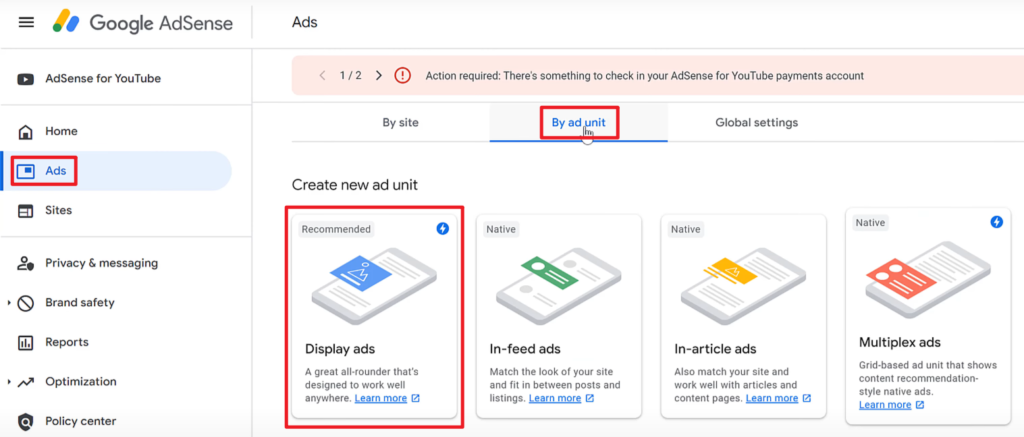 애드센스 By ad Unit에서 Display ads 선택