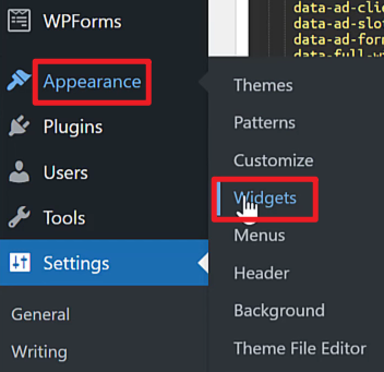 워드프레스 대쉬보드 Appearance  - Settings - Widgets 선택
