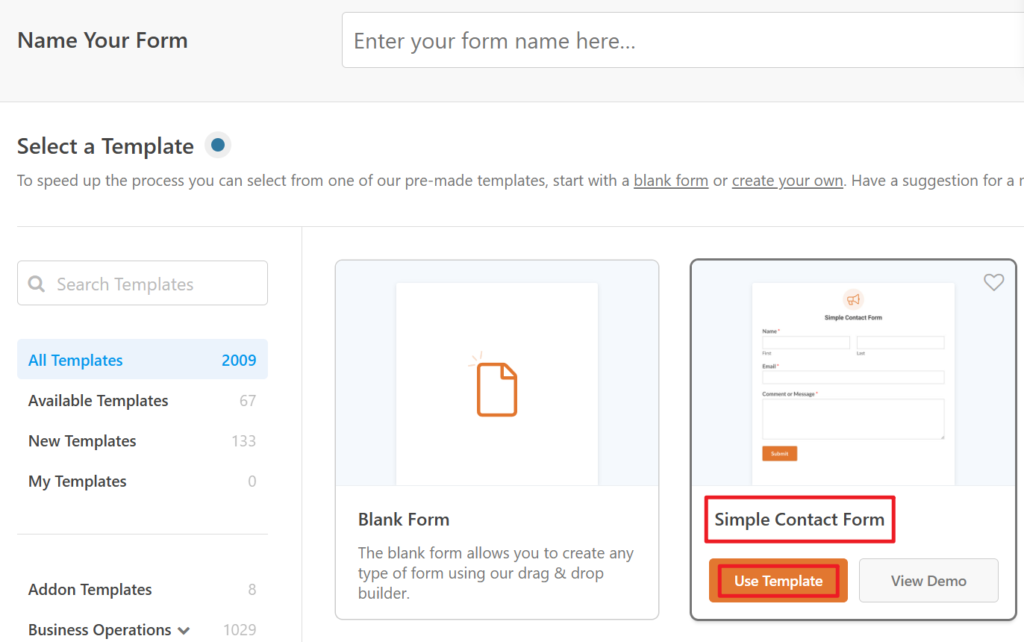 Simple Contact Form 선택